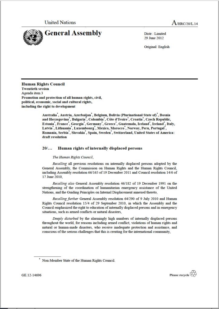 UN General Assembly - Human Rights Council Resolution (2012, A/HRC/20/L.14)