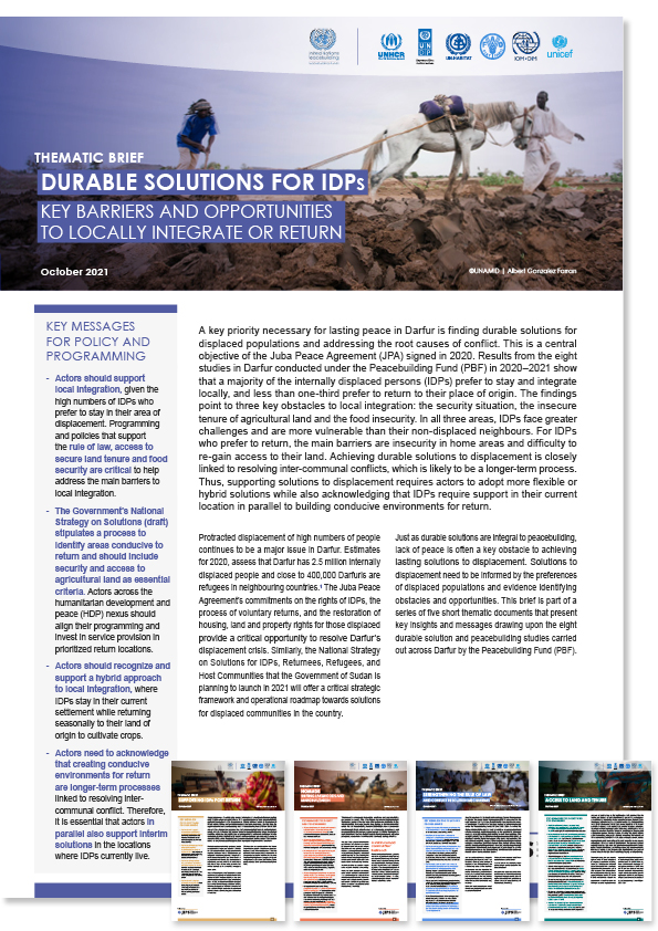 Peacebuilding With Durable Solutions for Darfur's Displaced: Thematic Briefs (PBF Sudan, DSWG, UNHCR, JIPS; 2021)