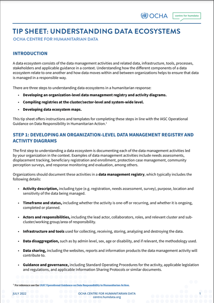 Tip Sheet: Understanding Data Ecosystems (OCHA Centre for Humanitarian Data, JIPS; 2022)