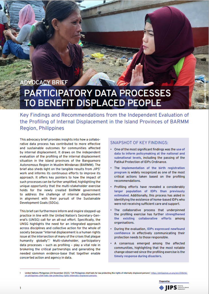 Advocacy Brief: Participatory Data Processes to Benefit Displaced People. Key Findings and Recommendations from the Evaluation of the profiling in the Philippines (JIPS, 2023)
