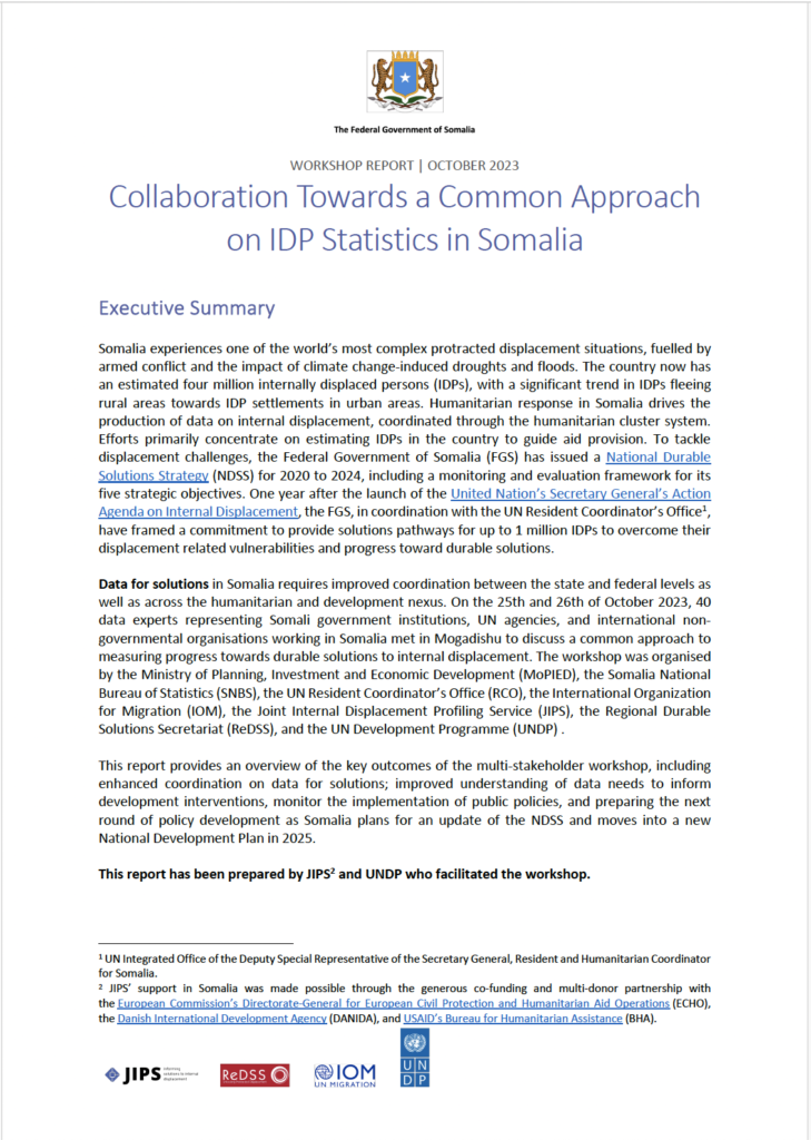 Workshop Report: Collaboration Towards a Common Approach on IDP Statistics in Somalia (GoS, UNDP, JIPS, ReDSS; 2023)